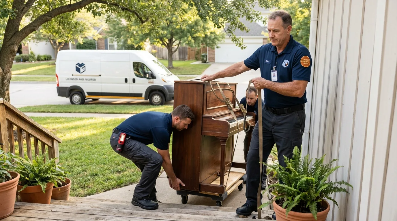 Licensed piano movers securing grand piano in Las Cruces, NM