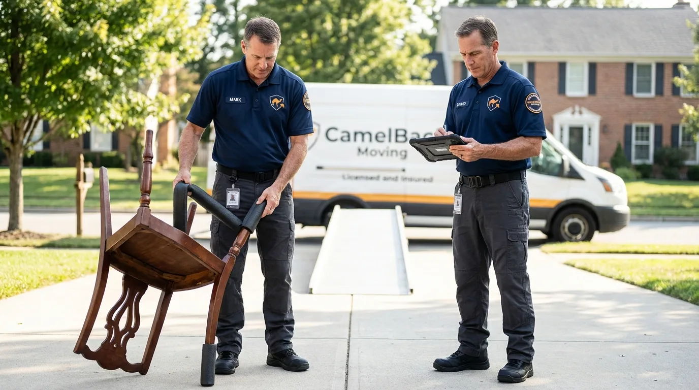 Movers inspecting furniture for damage prevention before loading in Las Cruces, NM