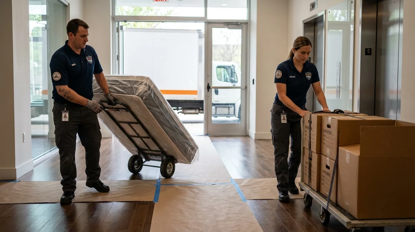 Professional apartment movers loading elevator in Las Cruces, NM