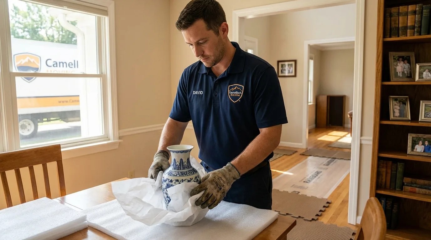 Professional crew carefully wrapping antique vase for senior downsizing move in Las Cruces, NM